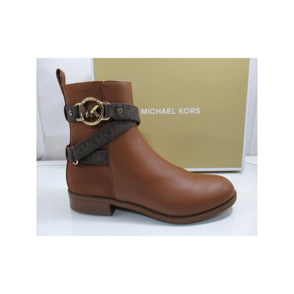 Michael Kors Rory Flat Bootie Ankle Boots MK Logo Hardware Luggage Size 8